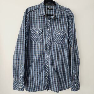 Buckle Black Athletic Fit blue brown plaid western style shirt‎ mens size XL